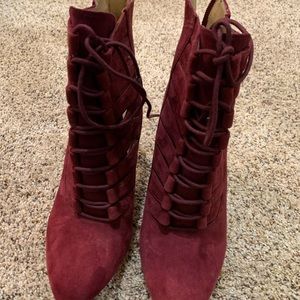 Vince Camuto merlot suede lace heeled booties